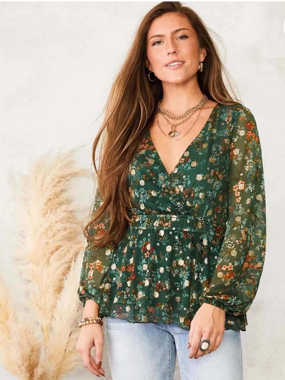 Willow & Root Dark Green Floral Mesh Blouse